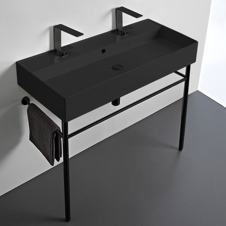 Scarabeo 8031/R-100B-49-CON-BLK-Two Hole Double Matte Black Ceramic Console Sink and Matte Black Stand